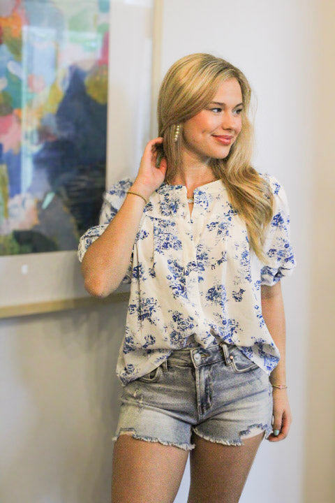 Sky Blue Floral Tiered Puff Short Sleeve Pleated Bust Buttoned Casual Shirt