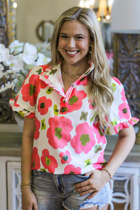 Pink Floral Ruffle Short Sleeve Striped Buttoned Collar Blouse