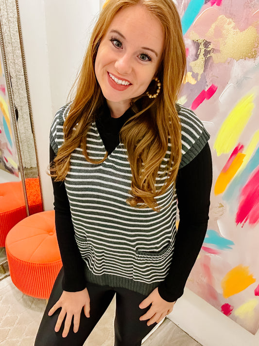 Gray Stripe Collared V Neck Sweater Vest with Pockets