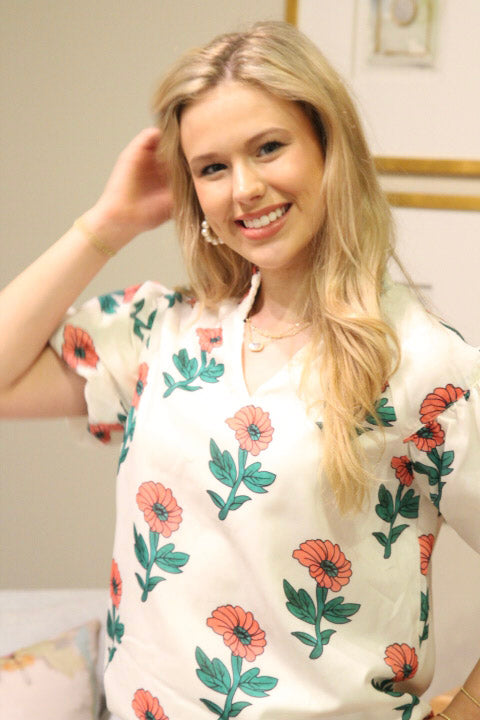 Beige Floral Print Shirred Split Neck Short Sleeve Blouse
