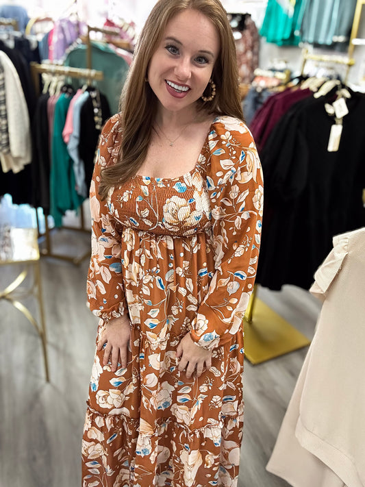 Brown Floral Print Shirred Square Neck High Waist Maxi Dress