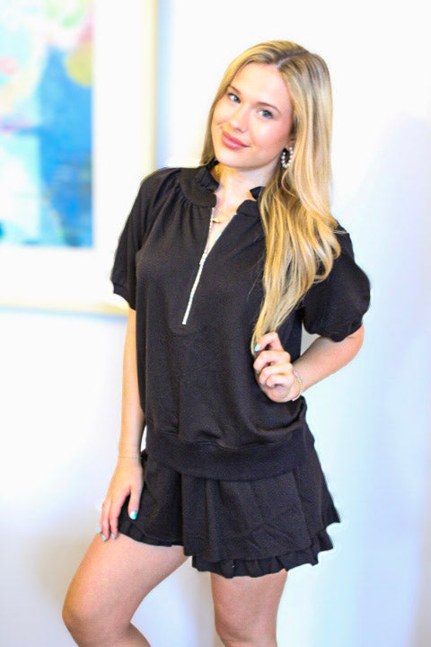 Black Half Zip Puff Sleeve Top and Ruffled Shorts Set