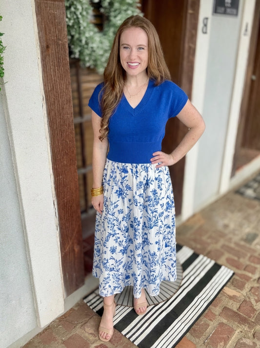 Sweatshirt And Floral Print Illusion Midi Dress