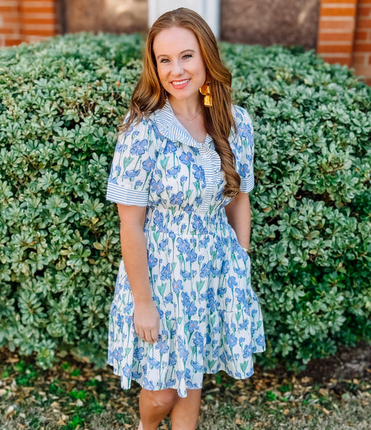 blue floral dress