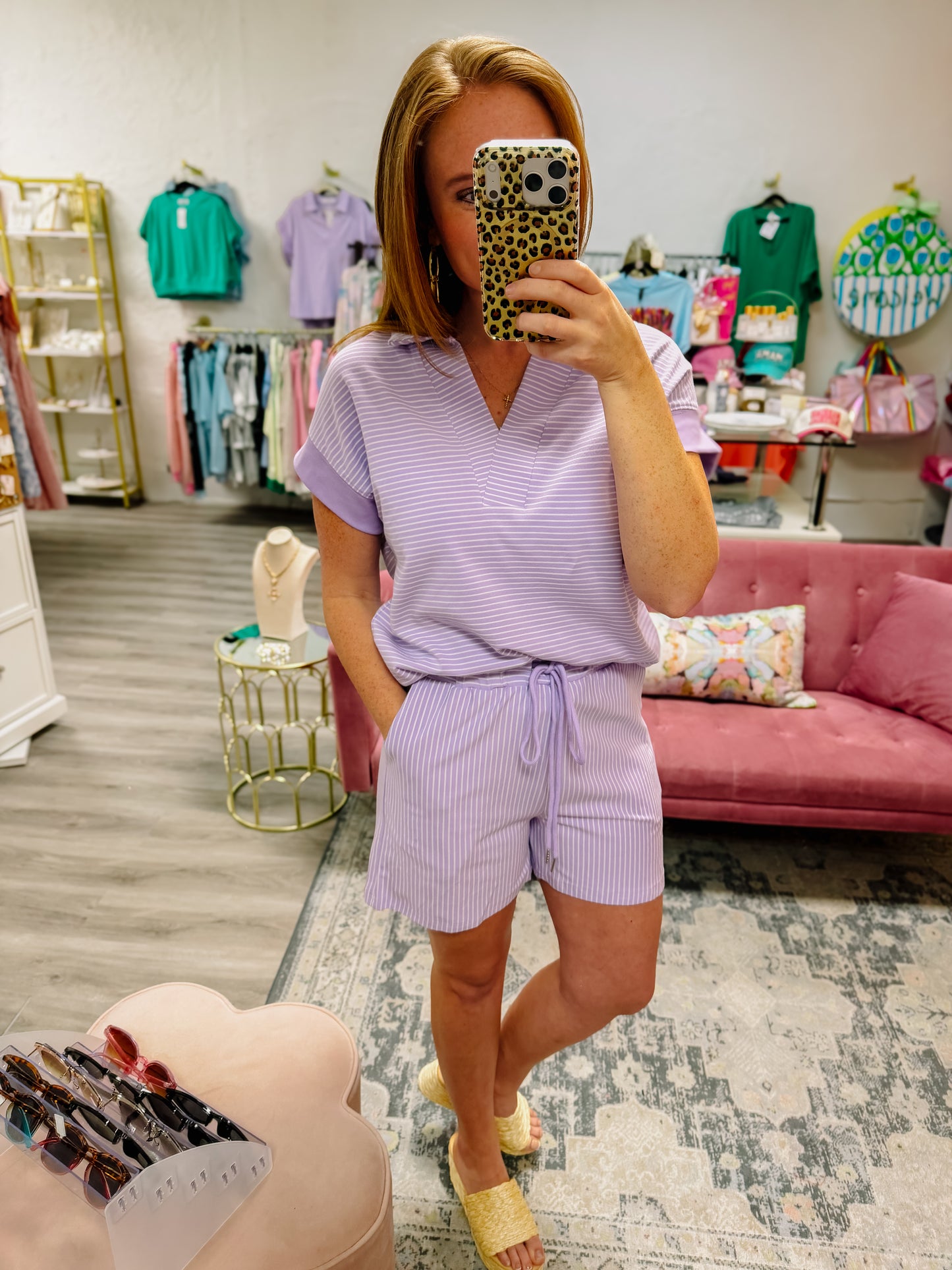 Purple Stripe Dolman Sleeve Polo Shirt and Drawstring Shorts Set