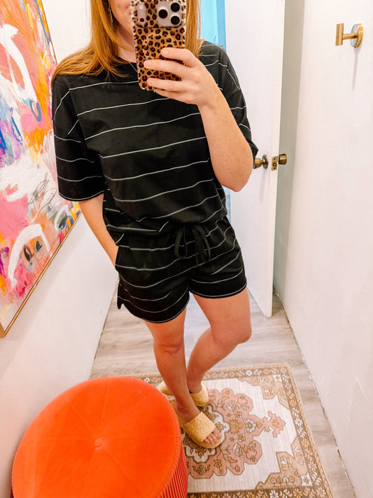 Black Stripe Half Sleeve Tee Drawstring Shorts 2pcs Set