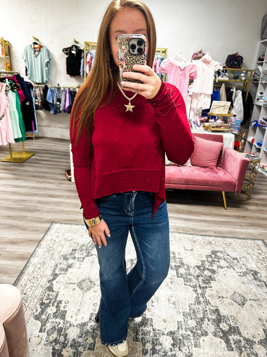 Shark Bite Side Slit Long Sleeve Top