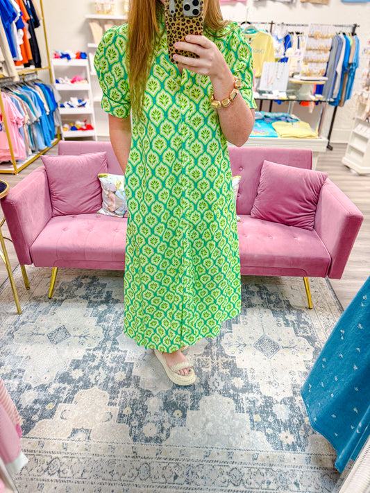 Bright Printed Button Down Midi Dress Grass Mix