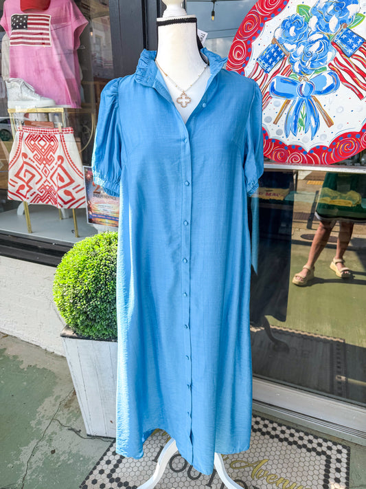 Button Down Midi Dress Azure Blue