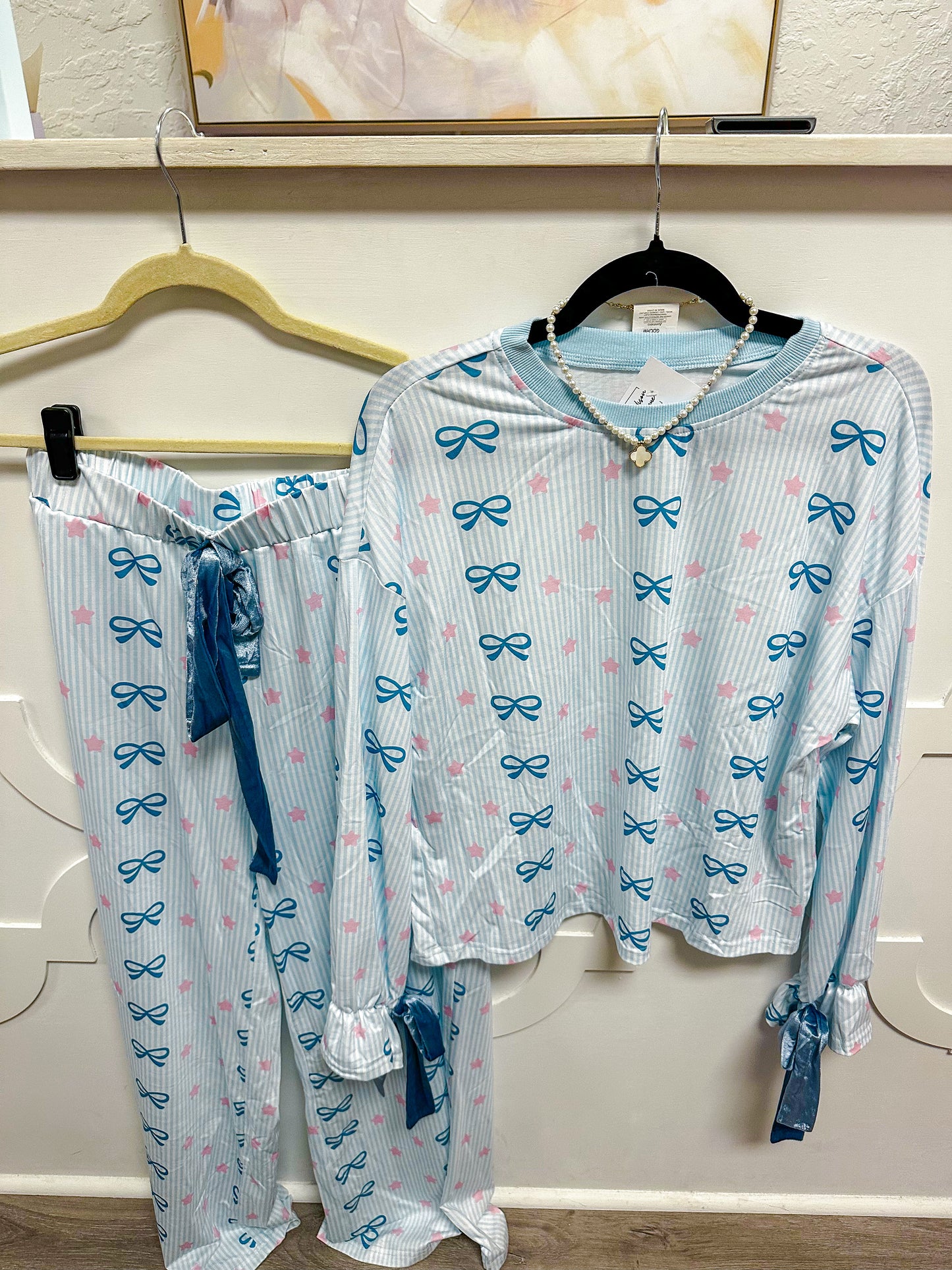 Blue Long Sleeve Bow PJ Set