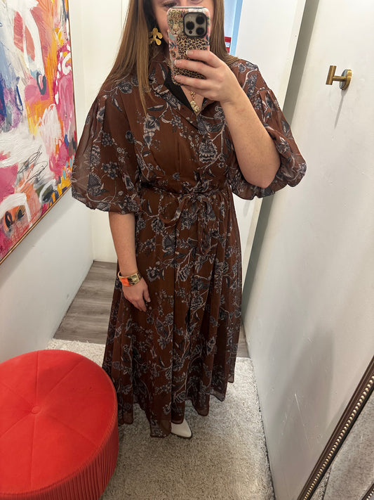 brown button up lined dress with balloon sleeves