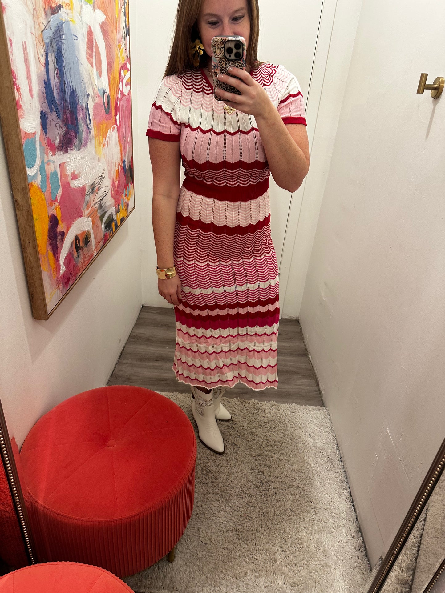 red and pink crotchet dress