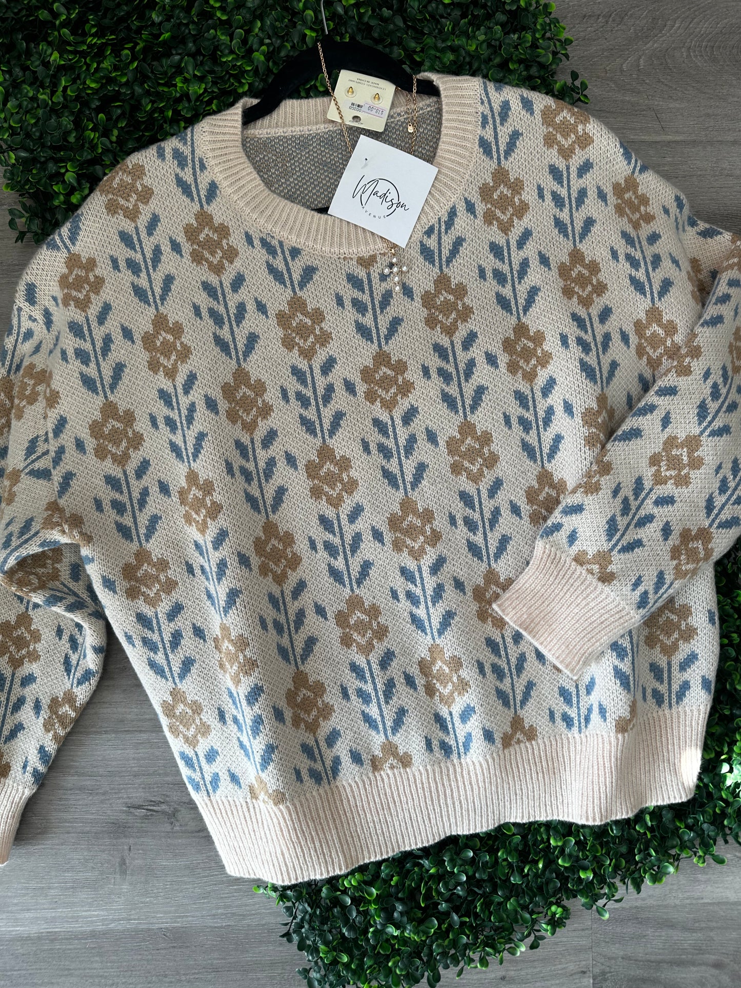 Blue and Brown Floral Sweater