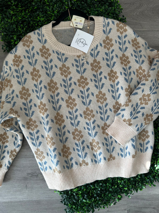 Blue and Brown Floral Sweater