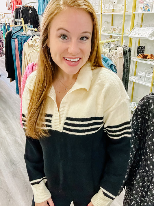 Black Colorblock Stripe Collared V Neck Sweater