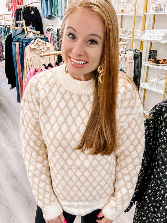 Oatmeal Diamond Knit Drop Shoulder Loose Sweater
