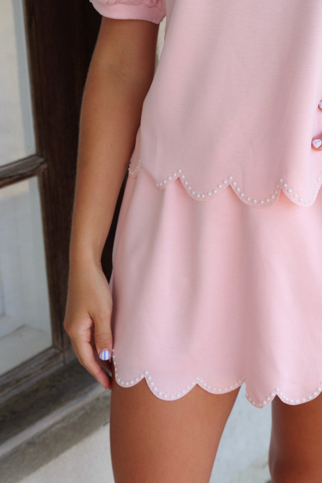 Light Pink Puff Sleeve Pearl Embellished Scallop Trim Top 2 Piece Skort Set