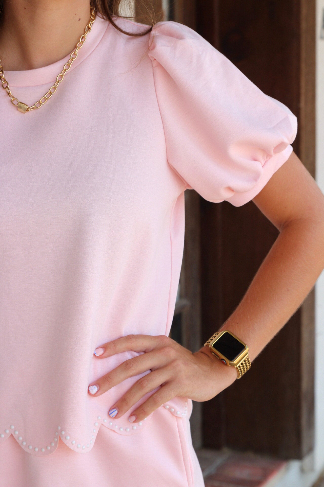 Light Pink Puff Sleeve Pearl Embellished Scallop Trim Top 2 Piece Skort Set