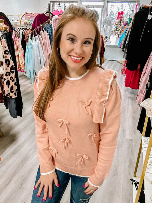 Light Pink Ruffled Bowknot Ribbed Trim Long Sleeve Sweater