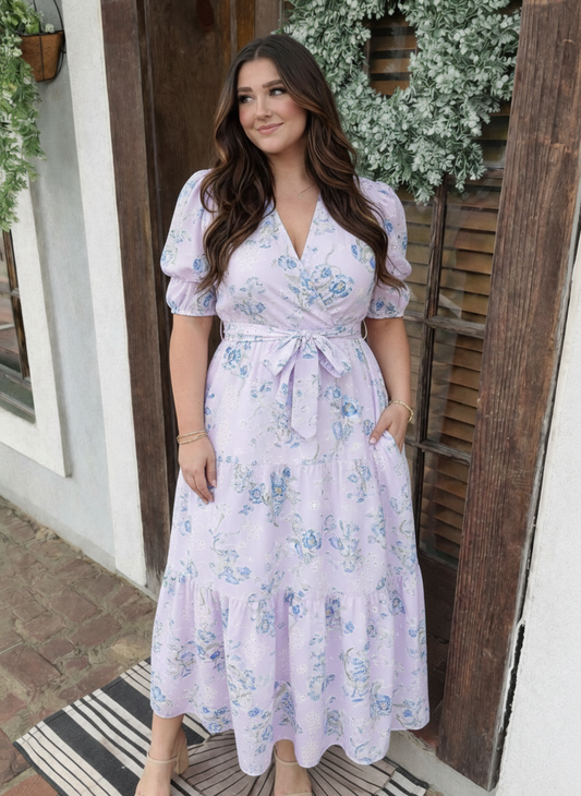 Surplice Self Tie Eyelet Floral Print Maxi Dress