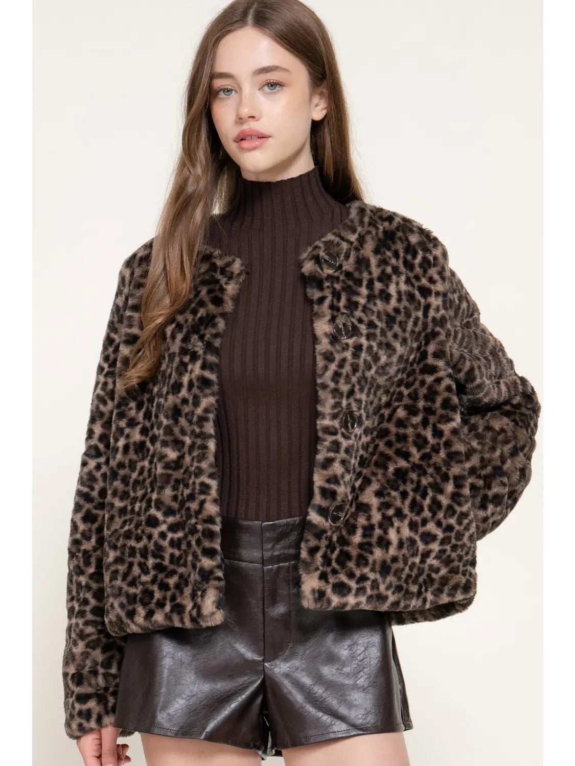 Long Sleeve Round Neck Printed Faux Fur Jacket