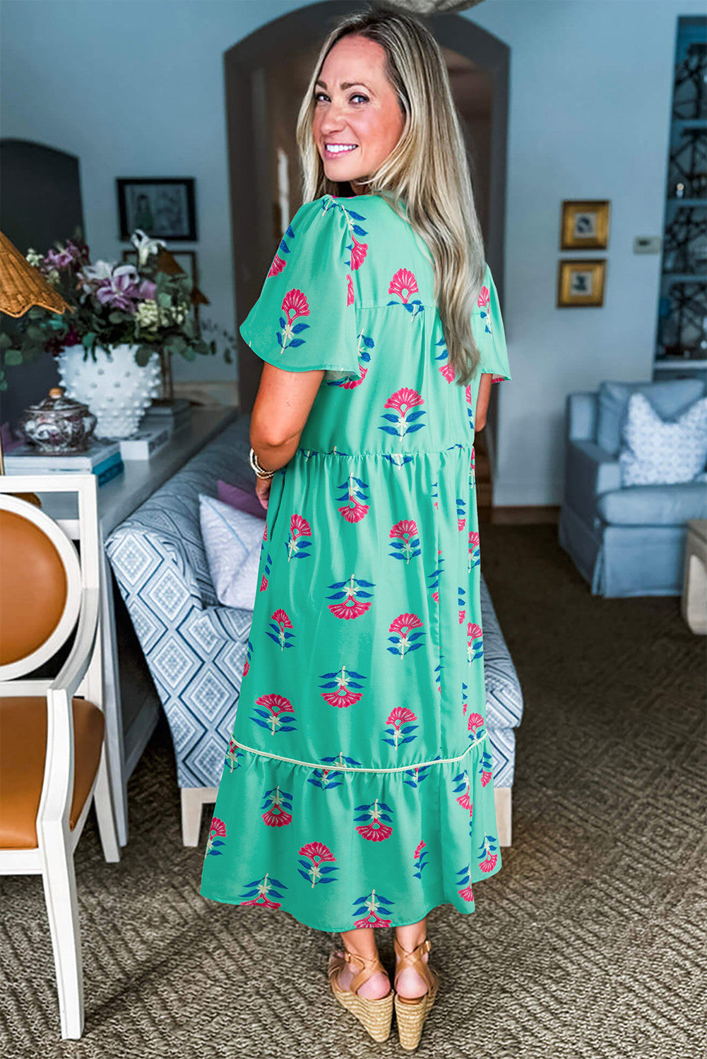 mint Floral Print Notched Neck Butterfly Sleeve Shift Long Dress