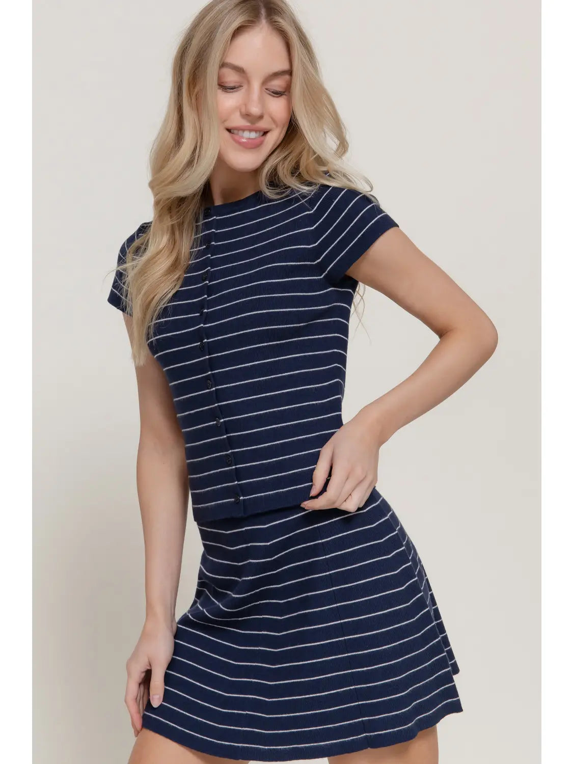 Short Sleeve Crew Neck Button Down Striped Knit set