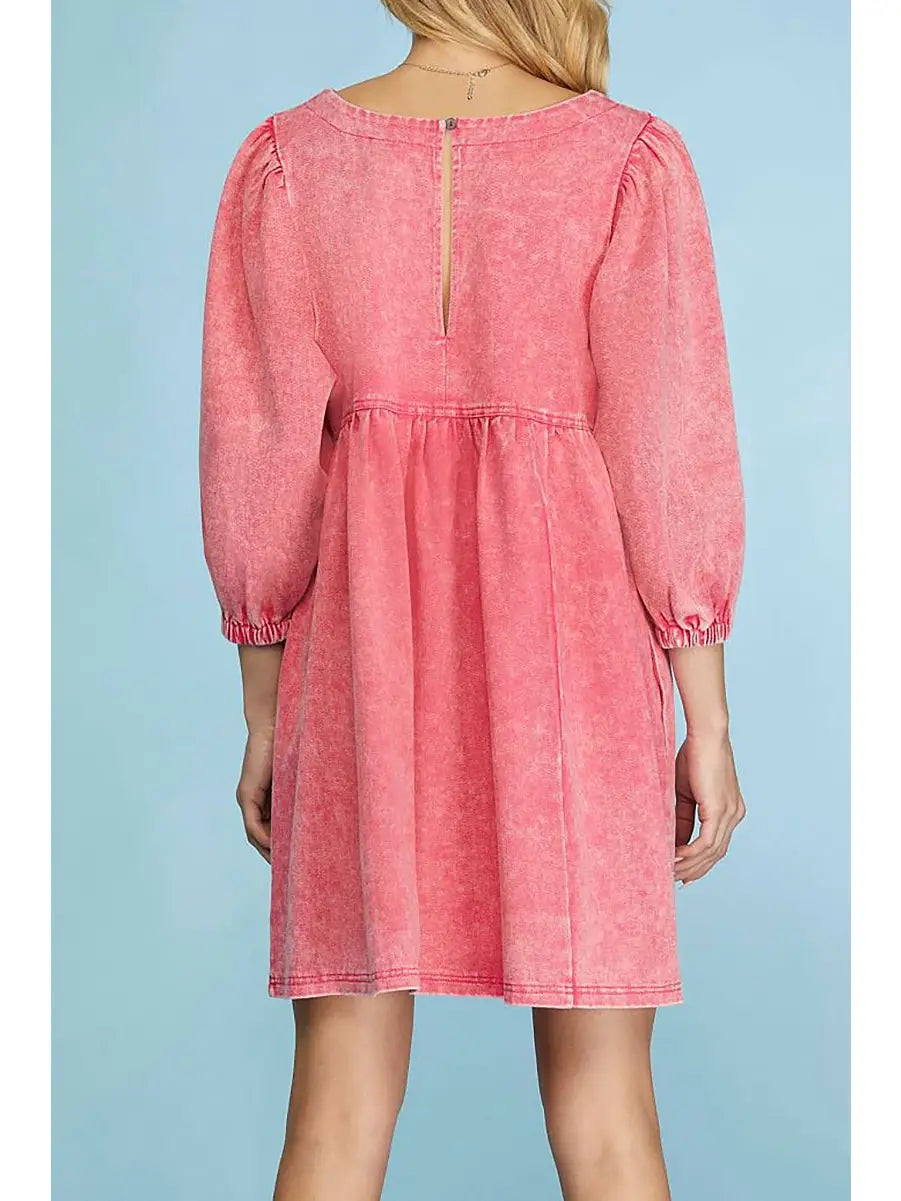 3/4 Sleeves Wash Twill Babydoll Mini Dress