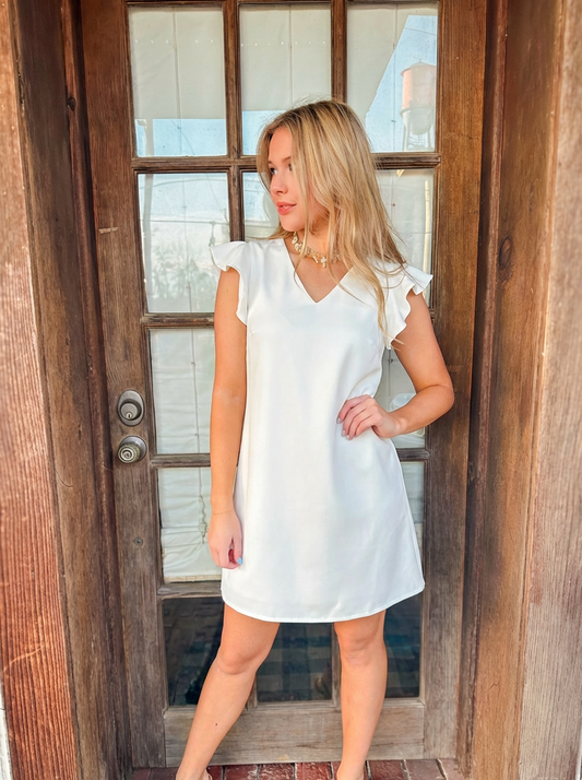 white scuba shift dress V neckline Flutter cap sleeve