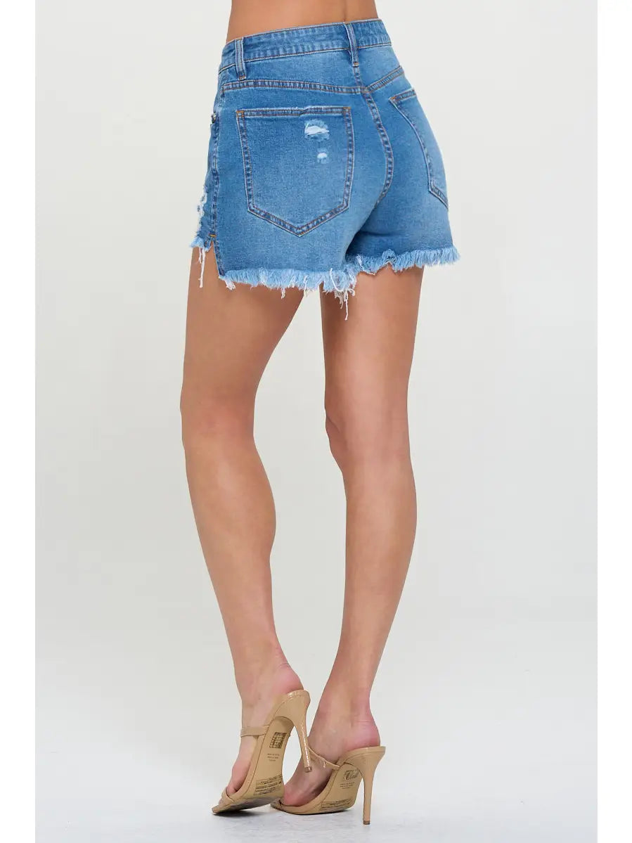 Medium Wash - High Rise Distressed Denim Shorts