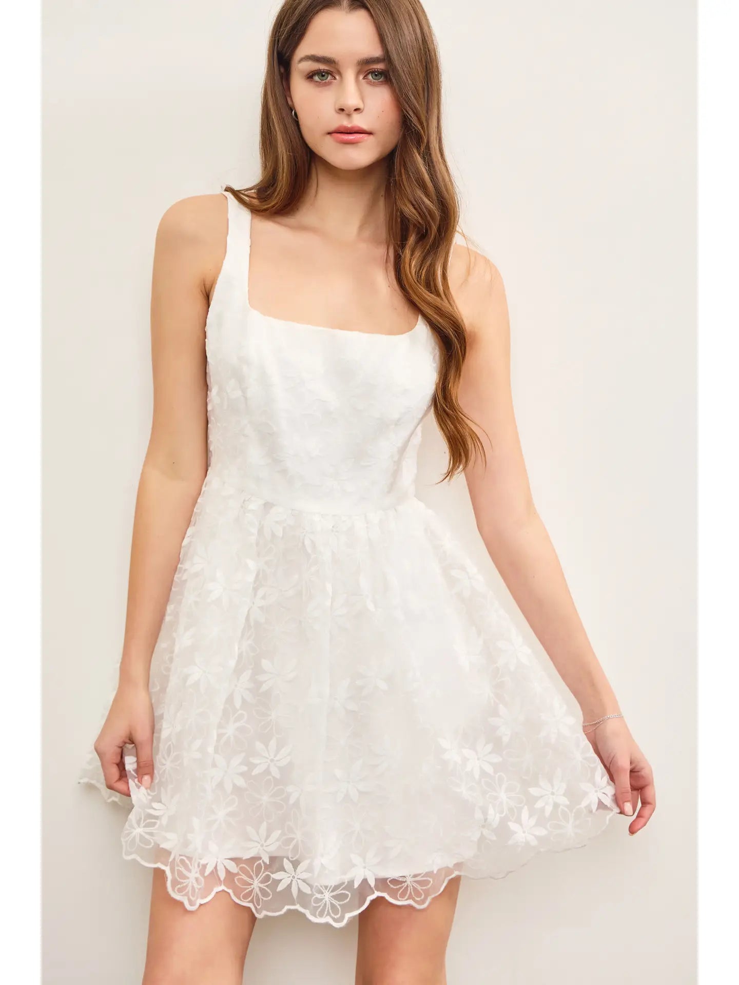 Square Neck Floral Embroidered Silhouette Dress
