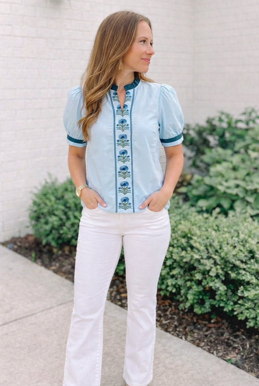 baby blue floral embroidery top