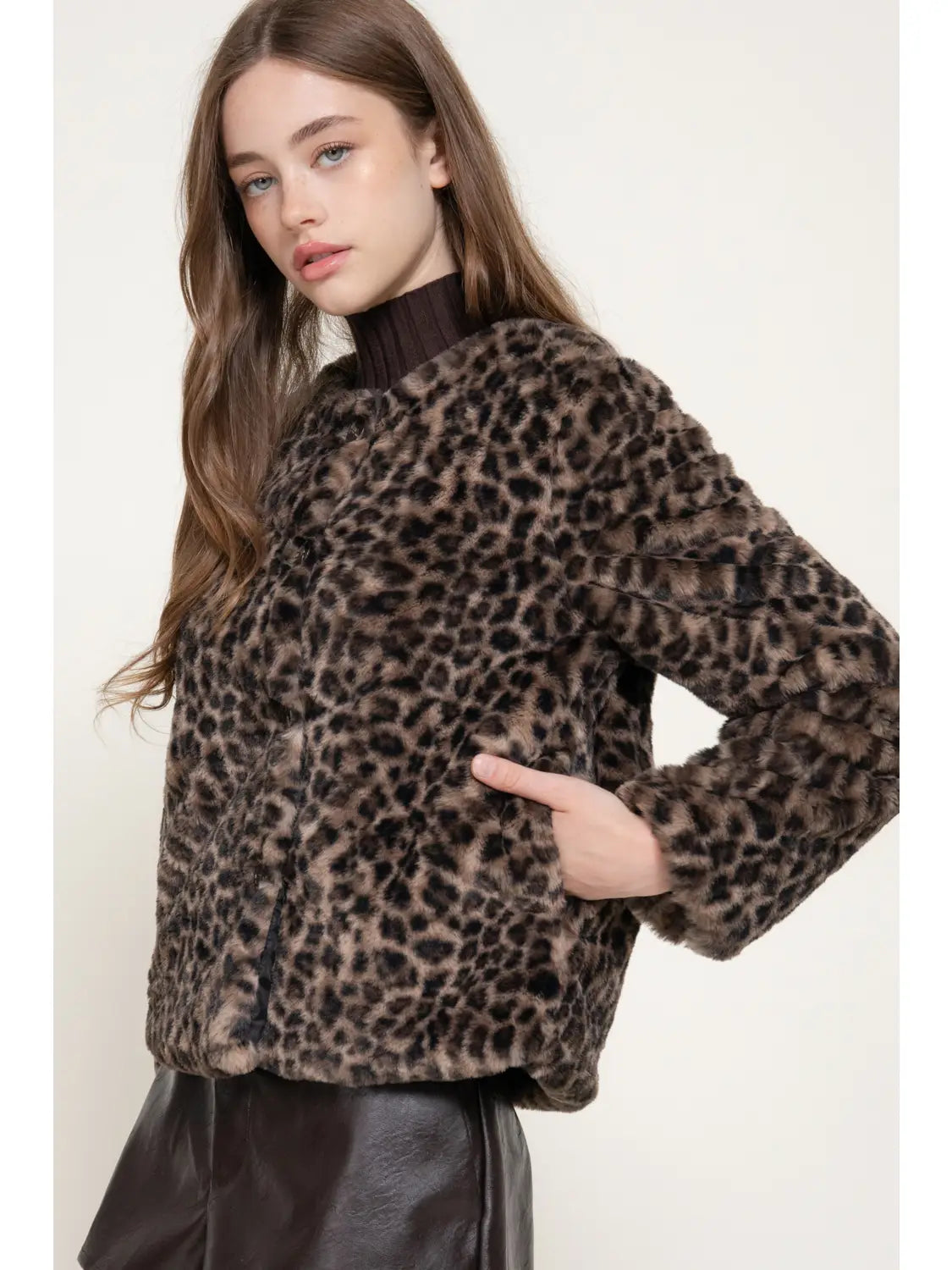 Long Sleeve Round Neck Printed Faux Fur Jacket