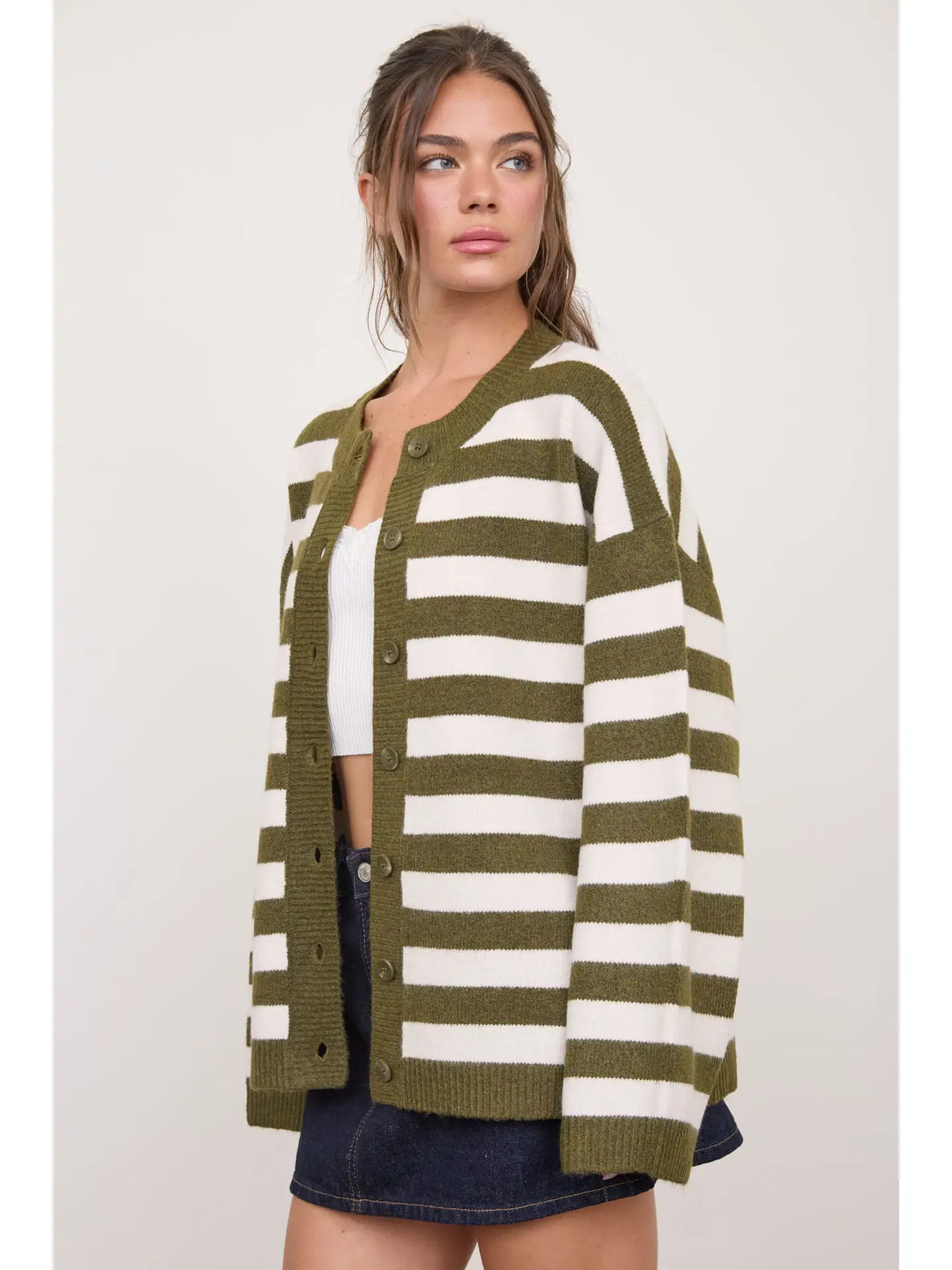 Striped Round Neck Button Down Boxy Knit Cardigan
