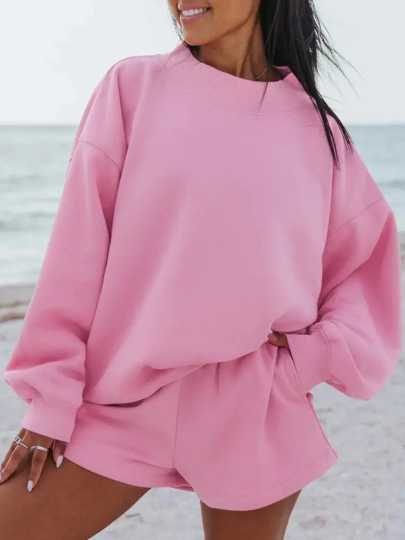Basic Look Versatile Oversize Fleece Mockneck Sweatshirt Set