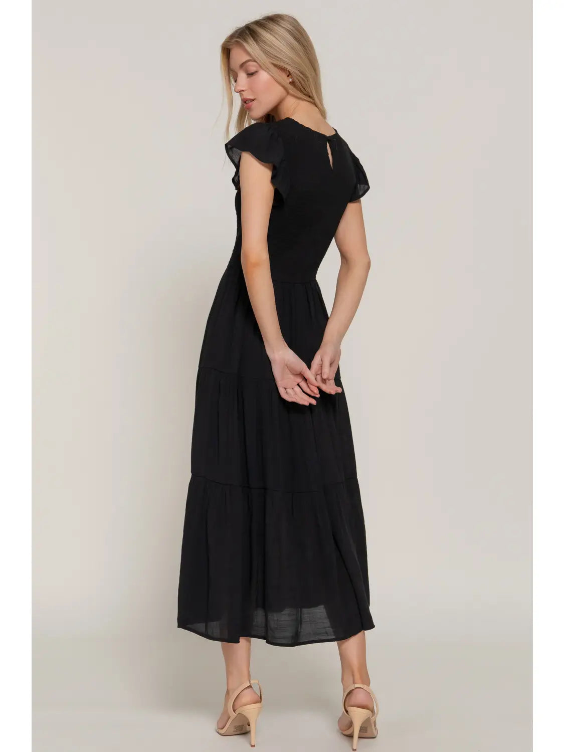 Ruffle Sleeve Crew Neck Smocked Detail Solid Tired Dress