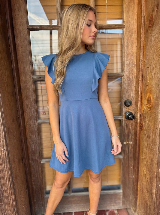 Solid knit ruffle sleeve dress