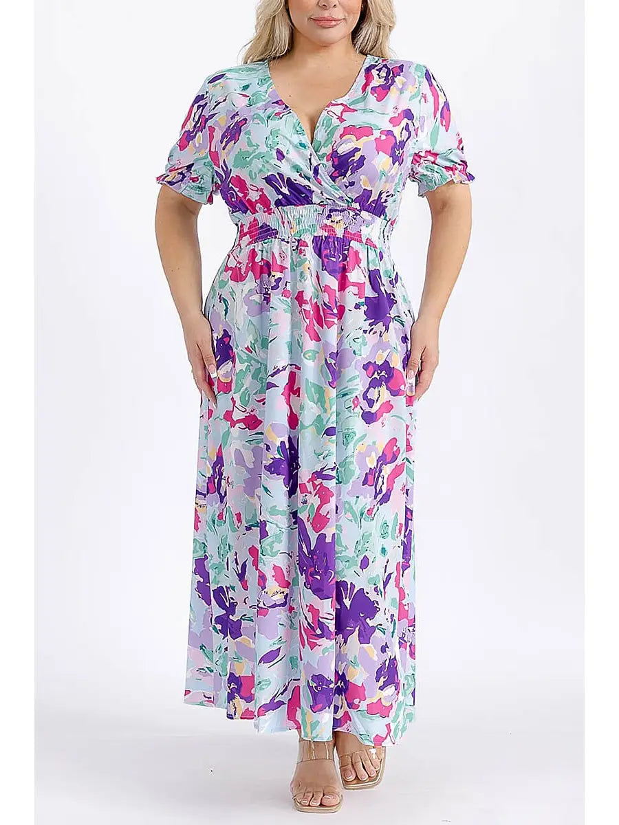 Surplice Smock Waist Floral Maxi Dress