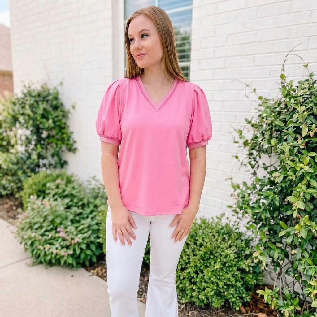 Bonbon Solid Color V Neck Short Puff Sleeve Blouse
