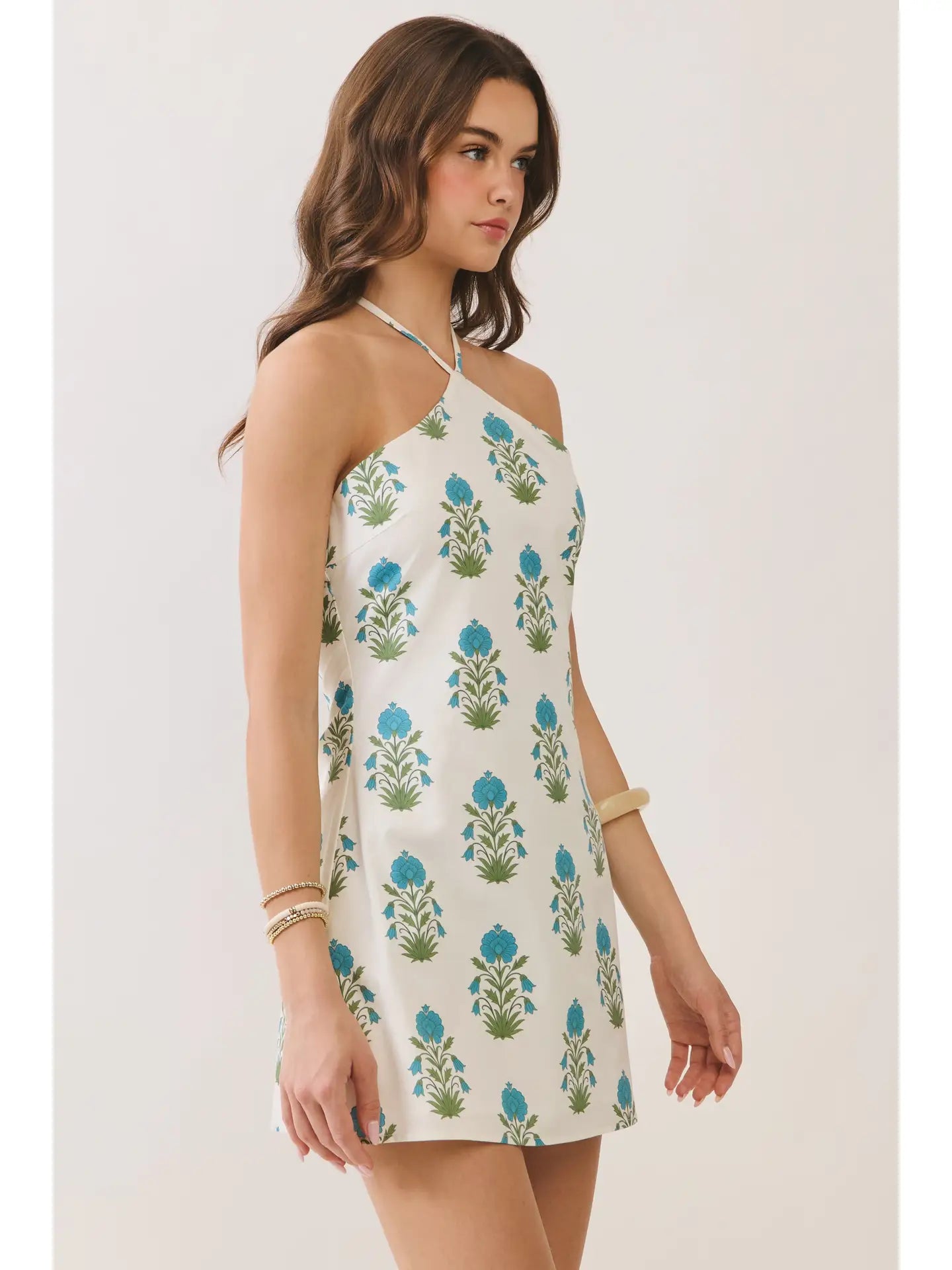 Floral Halter Side Zipper Neck Mini Dress