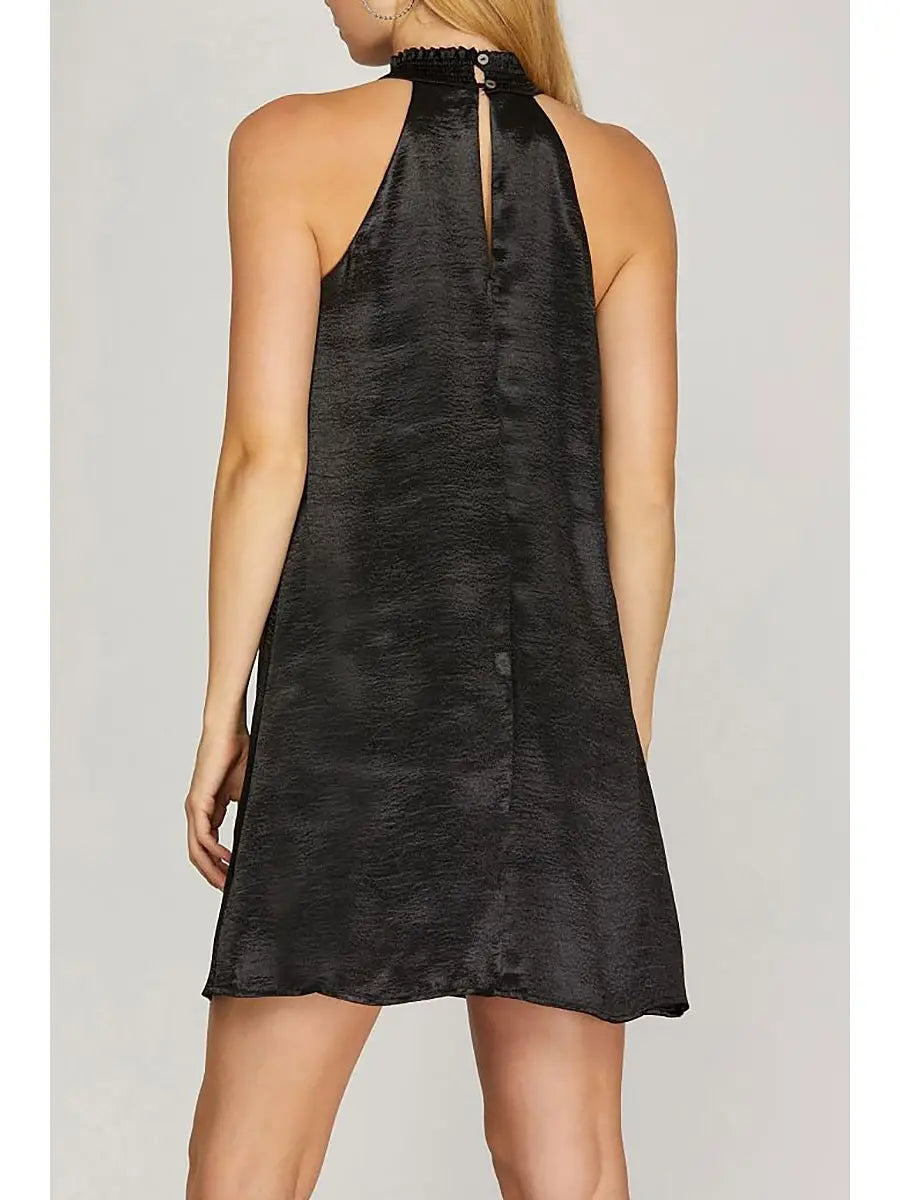 Smocked Mock Neck Satin Mini Dress