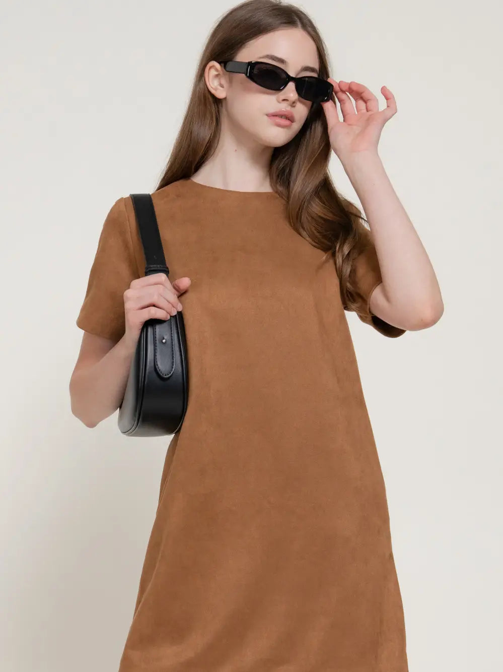Short Sleeve Round Neck Semi A-Line Faux Suede Mini Dress
