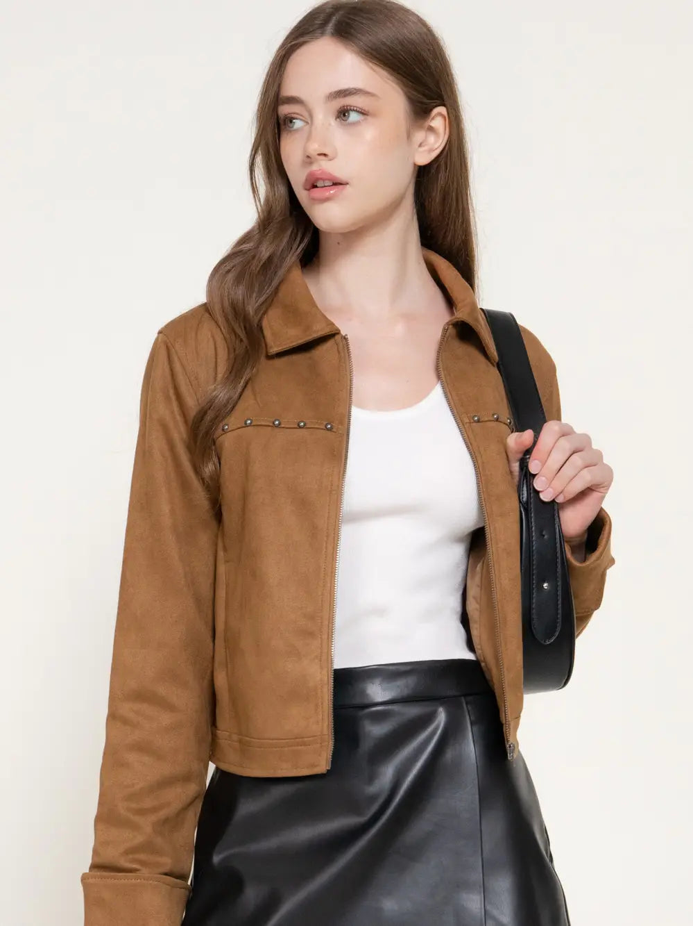 Long Sleeve Faux Suede Jacket with Stud Detail