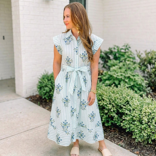 DROP SHOULDER BUTTON DOWN PRINTED MIDI DRESS WITH POCKETS