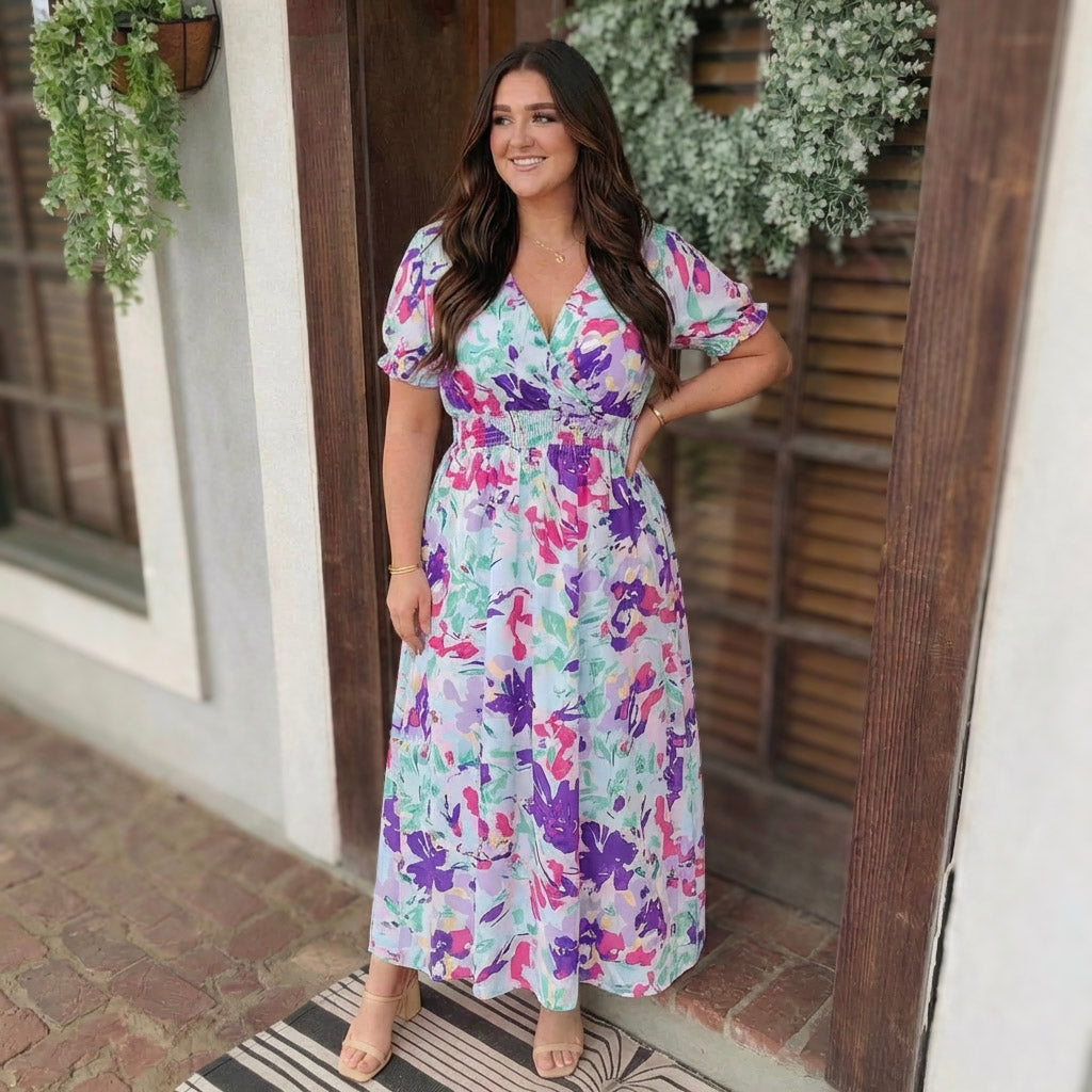 Surplice Smock Waist Floral Maxi Dress