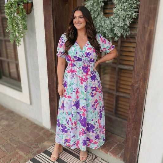 Surplice Smock Waist Floral Maxi Dress