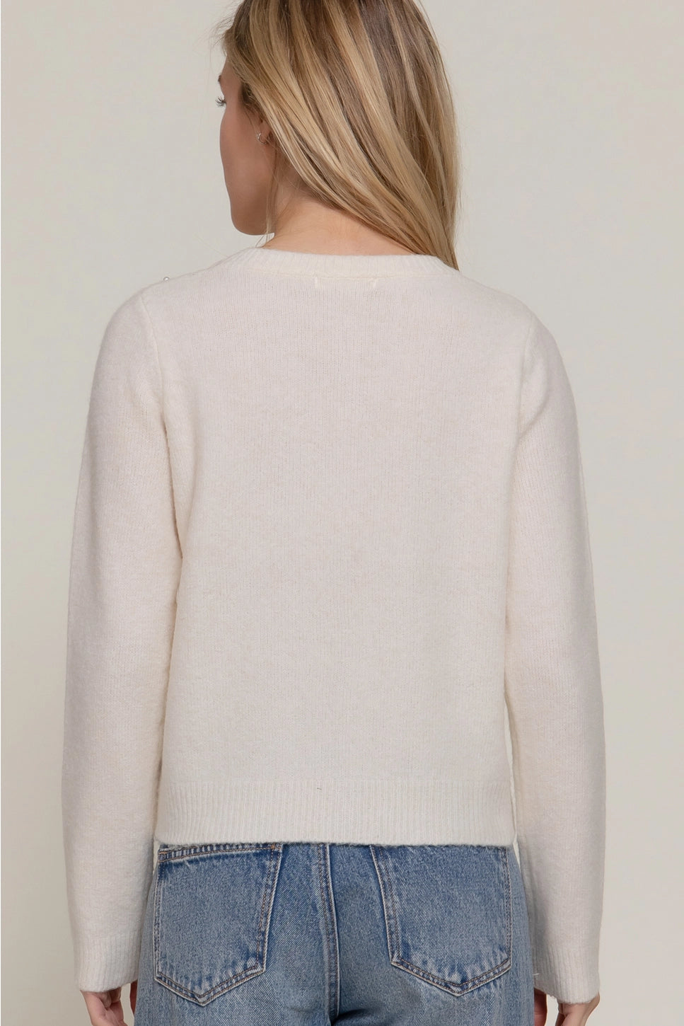 Long Sleeve Round Neck Pearl Embellished Sweater Cardigan