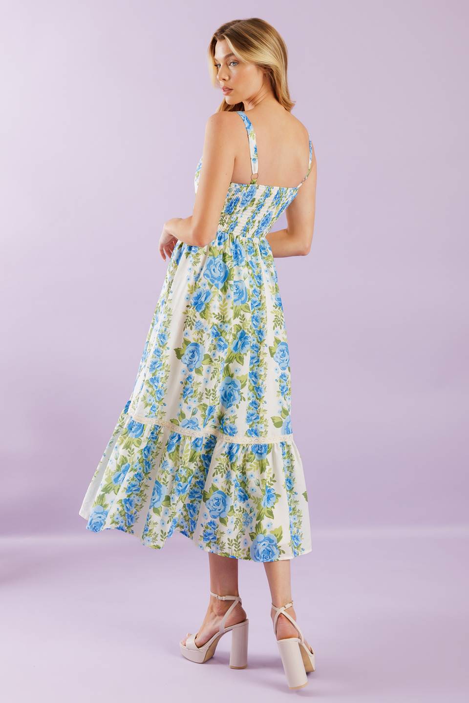 Printed Woven Midi Dress blue and green floral