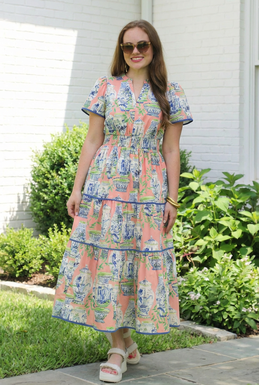 Abstract Print Tiered Midi Dress