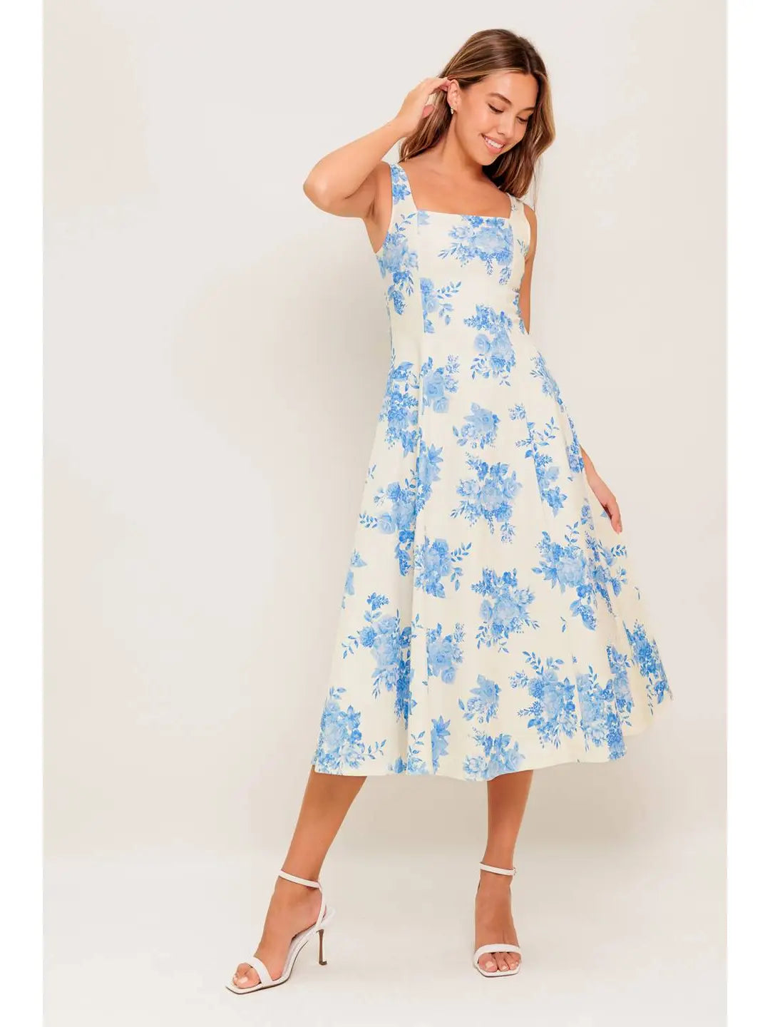 Printed Woven Midi Dress  white with blue flowers